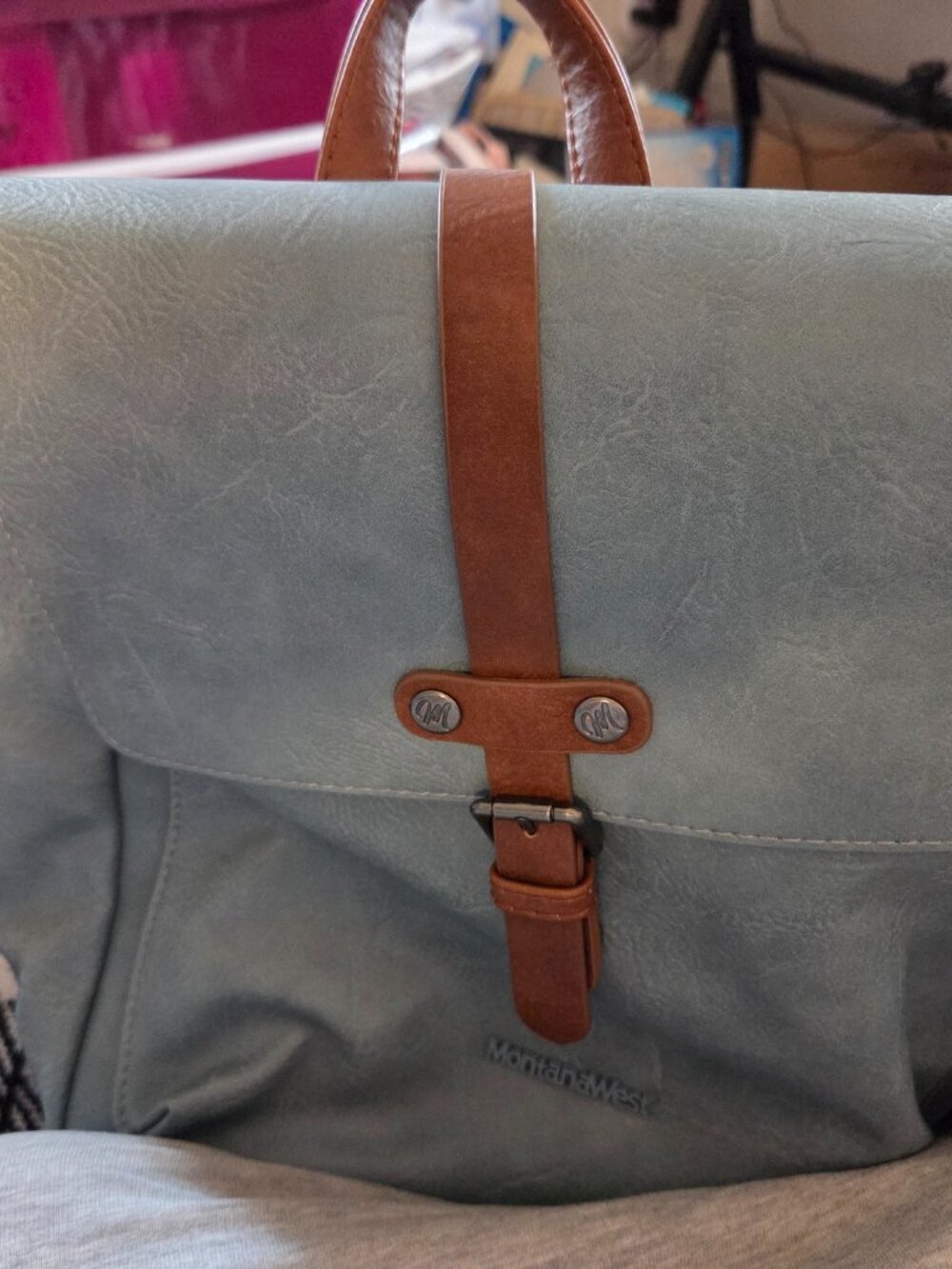 Montana West Leather Satchel/Crossbody/Backpack style bag/grayish blue,large - Picture 4 of 6